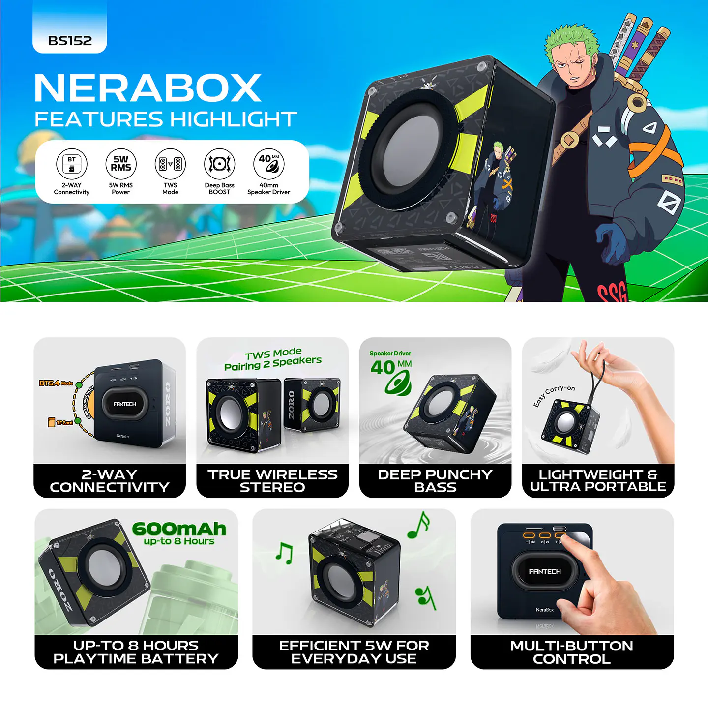 BS152 NeraBox ONE PIECE Zoro Parlante Inalámbrico 5W 17