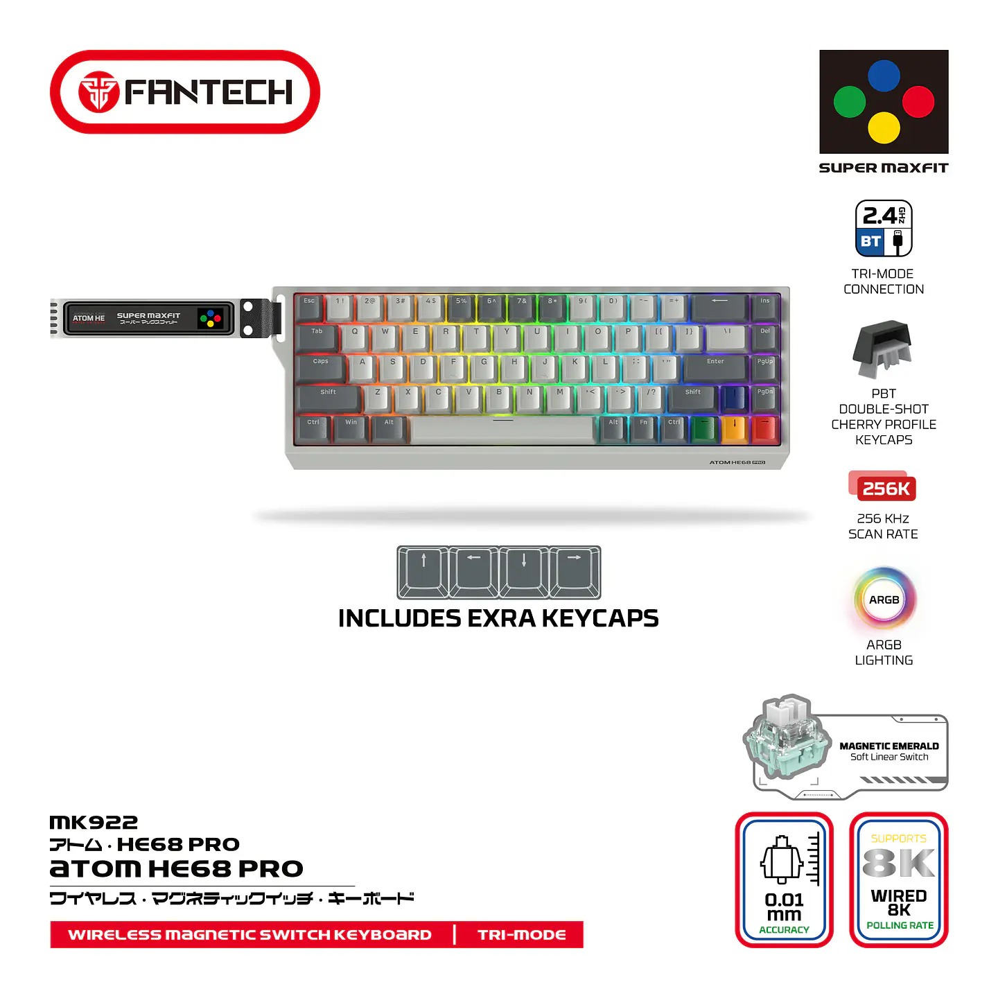 MK922 ATOM HE68 PRO SuperMaxfit Teclado inalámbrico Magnético 60% 8.000 Hz Layout USA 1