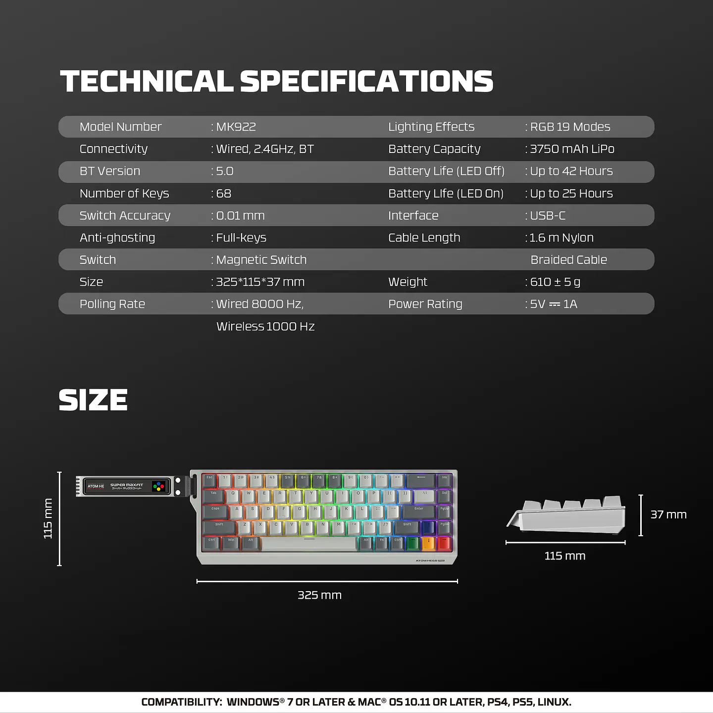 MK922 ATOM HE68 PRO SuperMaxfit Teclado inalámbrico Magnético 60% 8.000 Hz Layout USA 10