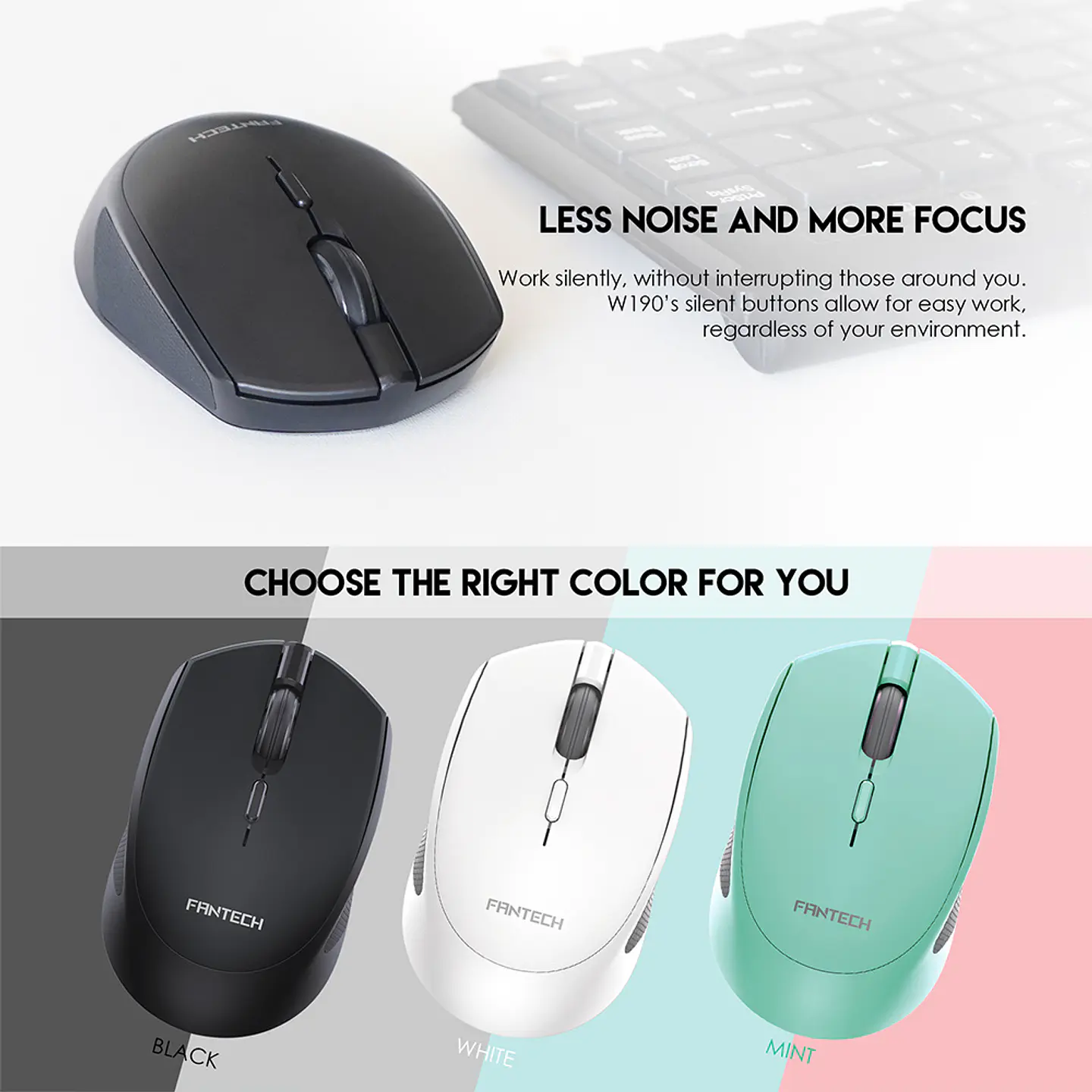 W190 Black Mouse Inalámbrico Bluetooth Oficina 5