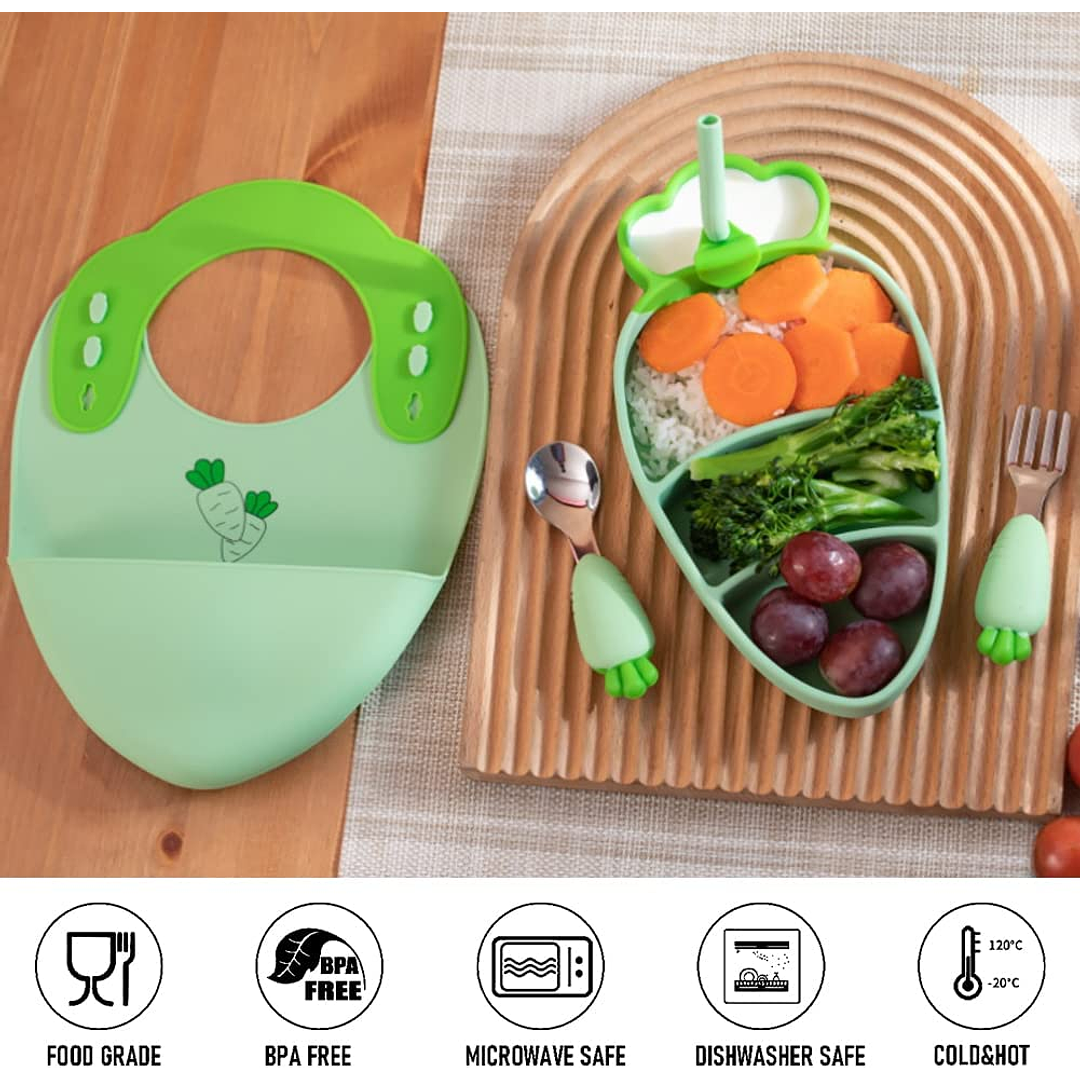  Plato de bambú para bebé con succión, plato de comida para bebés  con cuchara y tenedor de silicona, plato natural para bebés y niños  pequeños, suministros de destete LED para bebés