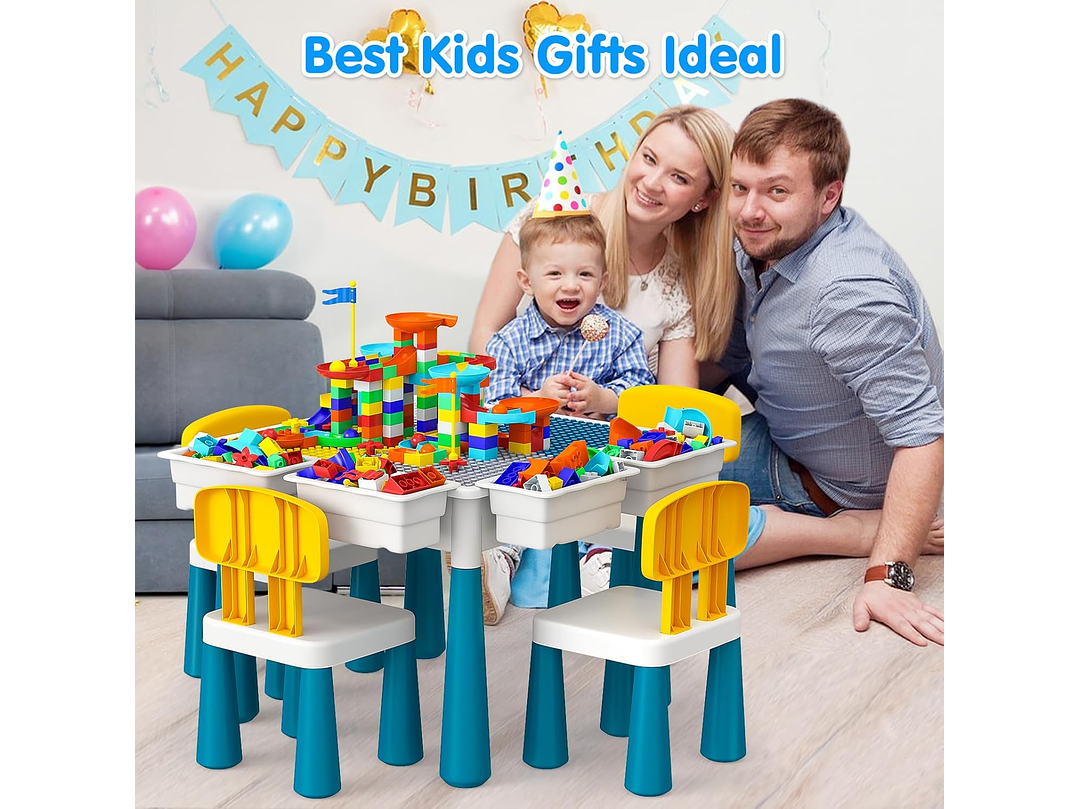  Juego de mesa de actividades para niños pequeños con 152 piezas de bloques de construcción grandes de mármol todo en uno, mesa de agua, mesa de arena,... 2