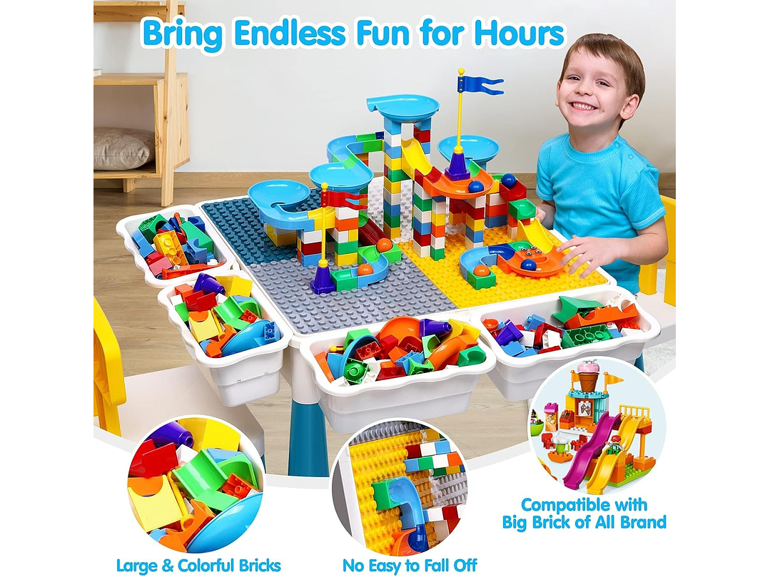  Juego de mesa de actividades para niños pequeños con 152 piezas de bloques de construcción grandes de mármol todo en uno, mesa de agua, mesa de arena,... 8