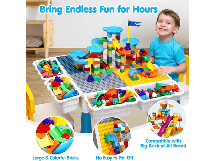  Juego de mesa de actividades para niños pequeños con 152 piezas de bloques de construcción grandes de mármol todo en uno, mesa de agua, mesa de arena,... 8