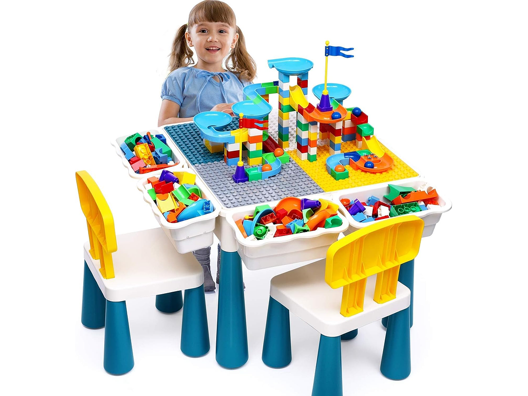  Juego de mesa de actividades para niños pequeños con 152 piezas de bloques de construcción grandes de mármol todo en uno, mesa de agua, mesa de arena,... 1