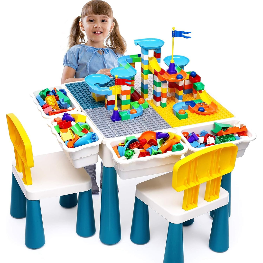  Juego de mesa de actividades para niños pequeños con 152 piezas de bloques de construcción grandes de mármol todo en uno, mesa de agua, mesa de arena,...