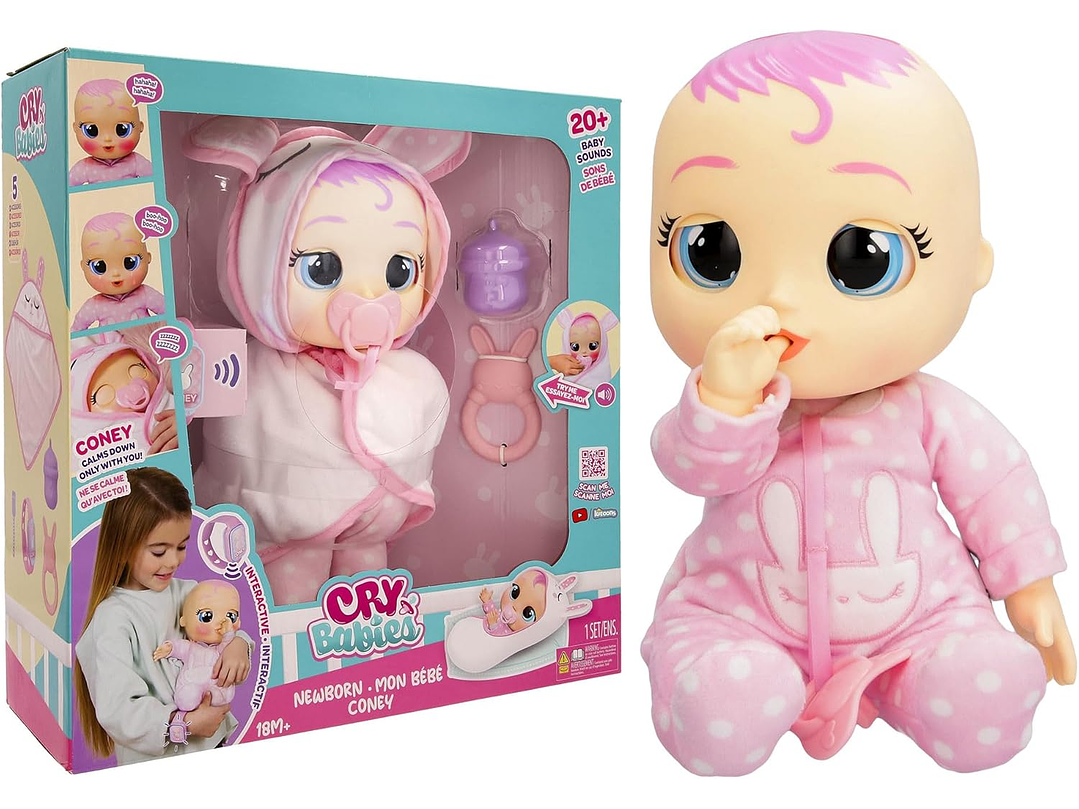 Cry Babies Muñeca recién nacida, Coney - Muñeca interactiva de bebé con más de 20 sonidos de bebé, niñas 1