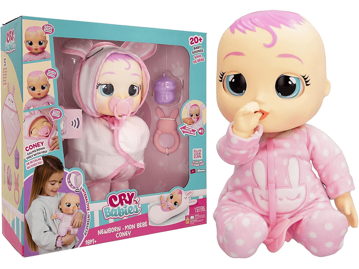 Cry Babies Muñeca recién nacida, Coney - Muñeca interactiva de bebé con más de 20 sonidos de bebé, niñas 1