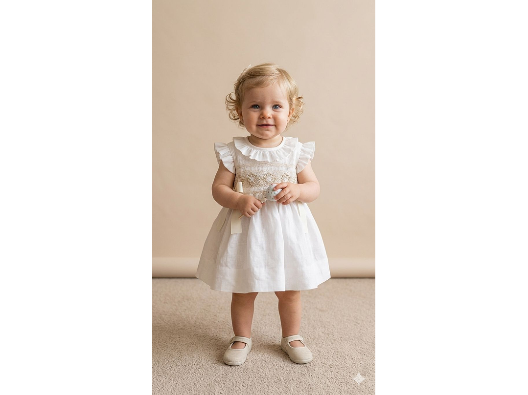 Vestido Nido De Abeja Lino Crudo  2