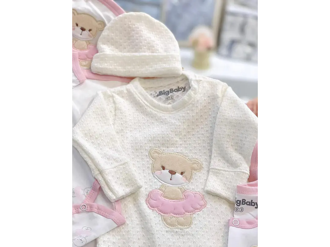 Set Primera Puesta Hilo Beige Oso 0-3M 3