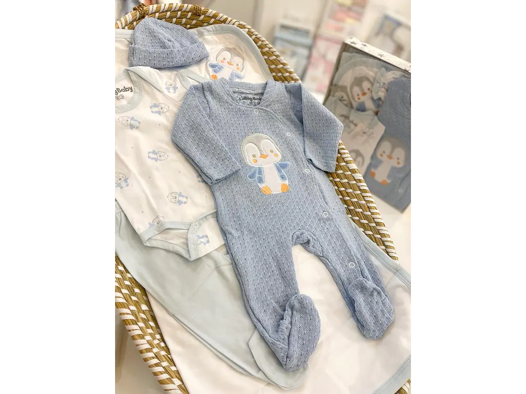 Primera Puesta Hilo Azul Pingüino 0-3M 3