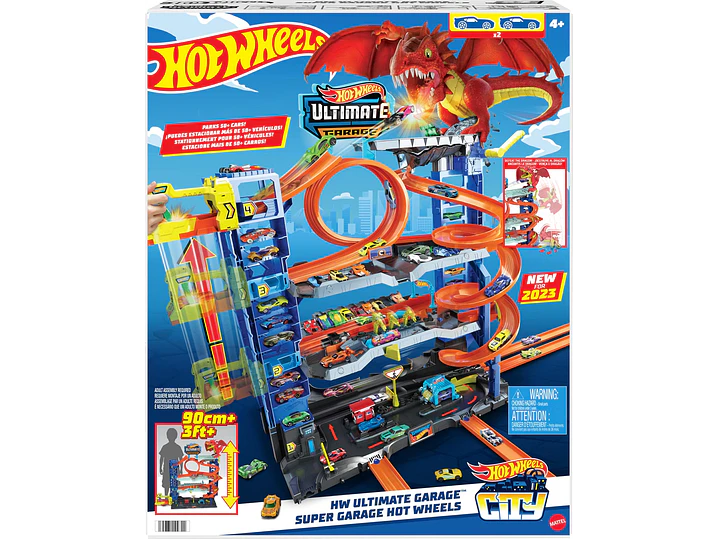 Hot Wheels - Juego de pista de garaje de ciudad Ultimate Garage, con 2 autos de juguete fundidos a presión y dragón que devora autos, 2