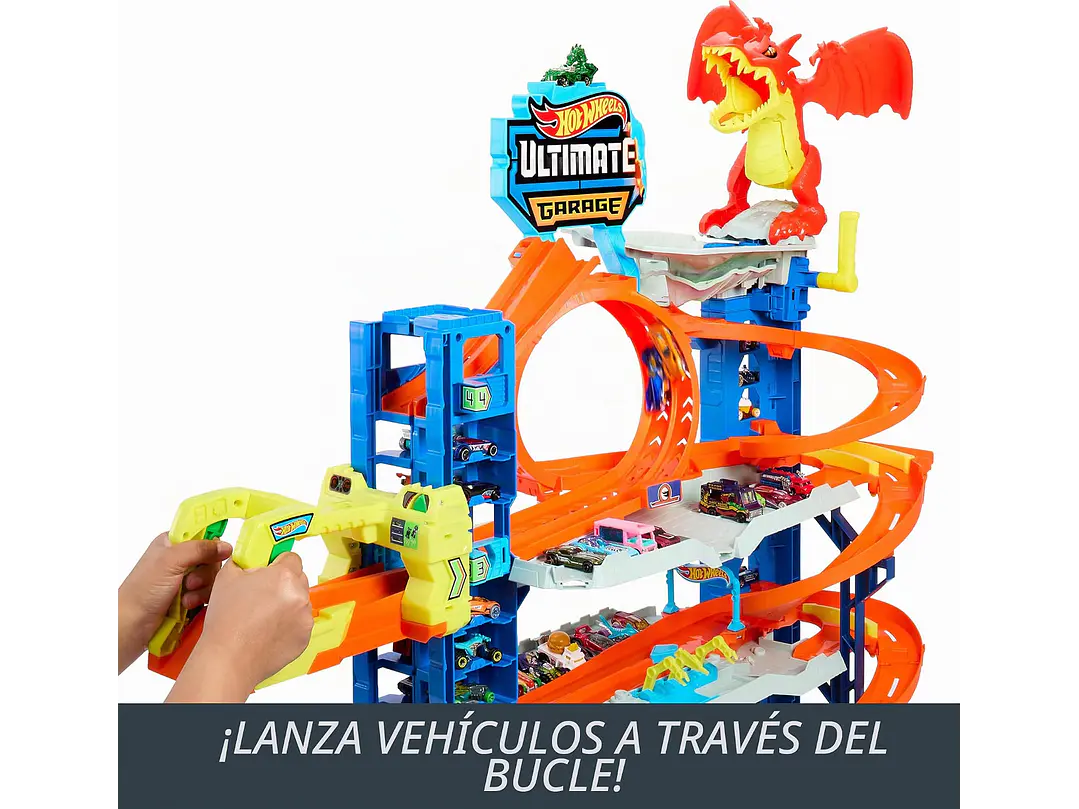 Hot Wheels - Juego de pista de garaje de ciudad Ultimate Garage, con 2 autos de juguete fundidos a presión y dragón que devora autos, 3
