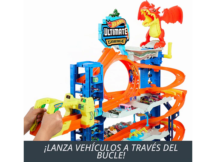 Hot Wheels - Juego de pista de garaje de ciudad Ultimate Garage, con 2 autos de juguete fundidos a presión y dragón que devora autos, 3