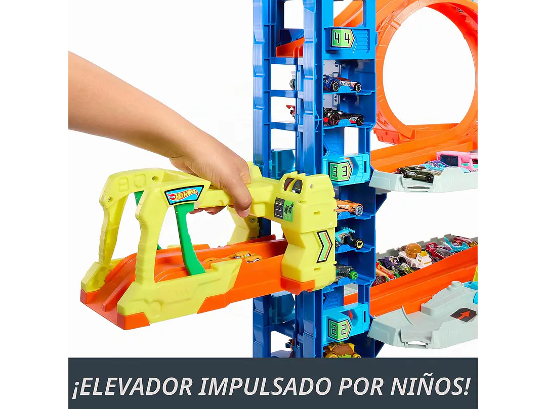 Hot Wheels - Juego de pista de garaje de ciudad Ultimate Garage, con 2 autos de juguete fundidos a presión y dragón que devora autos, 4