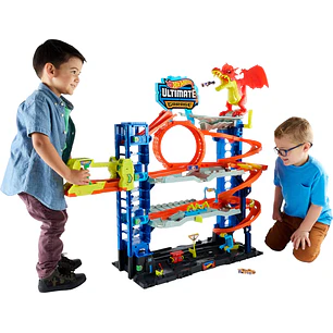 Hot Wheels - Juego de pista de garaje de ciudad Ultimate Garage, con 2 autos de juguete fundidos a presión y dragón que devora autos,