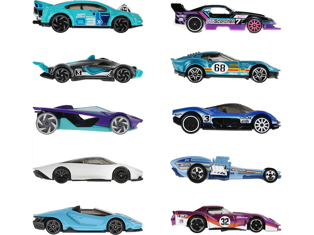  Hot Wheels Paquete de 10 autos de carreras de juguete (los estilos pueden | Juego de 10 vehículos a escala 1:64, 2