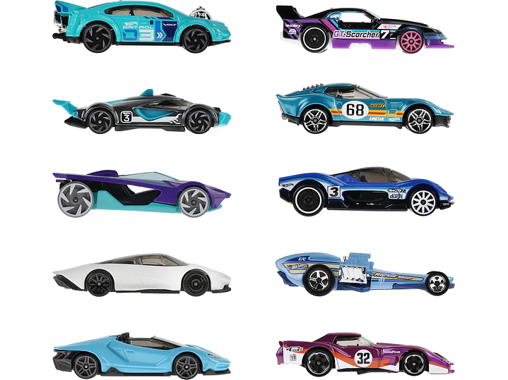  Hot Wheels Paquete de 10 autos de carreras de juguete (los estilos pueden | Juego de 10 vehículos a escala 1:64, 2