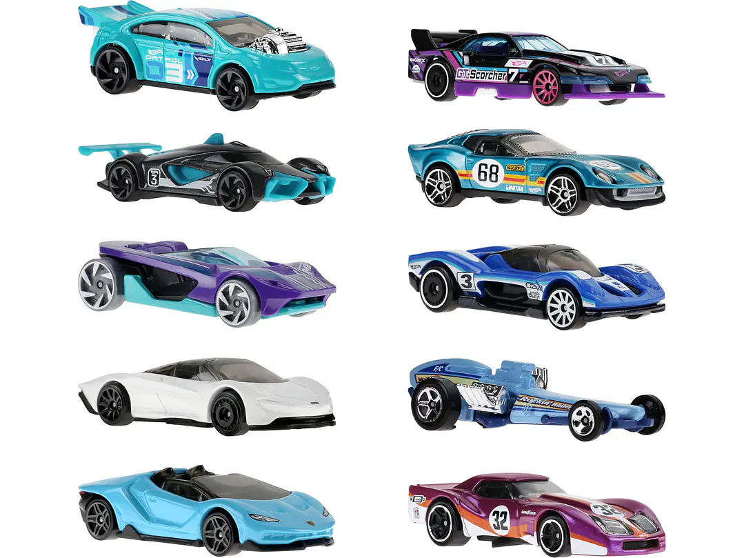  Hot Wheels Paquete de 10 autos de carreras de juguete (los estilos pueden | Juego de 10 vehículos a escala 1:64, 3