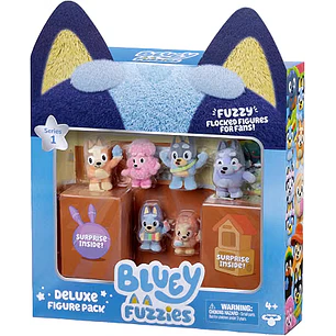 Bluey Fuzzies Deluxe - Paquete de 8 figuras, 6 minifiguras + 2 figuras