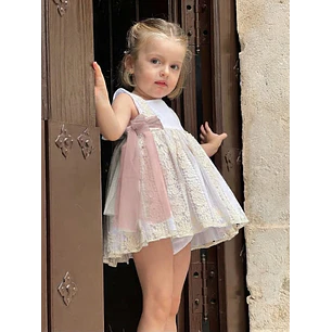 Vestido Romantico Español Fiorella Tull Rosa Palo