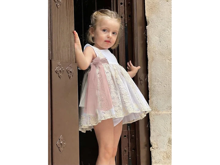 Vestido Romantico Español Fiorella Tull Rosa Palo 1