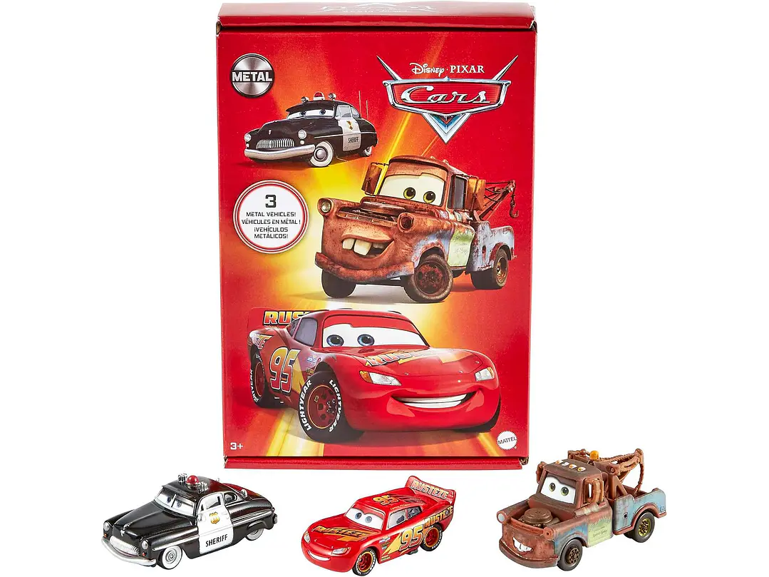 Mattel Disney y Pixar Cars Toys, Radiator Springs, paquete de 3 autos y camiones de juguete fundidos a presión con Lightning McQueen, Mater y Sheriff 1