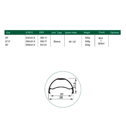 LLANTA WEINMANN 29er U36 OS TL 32h Fv