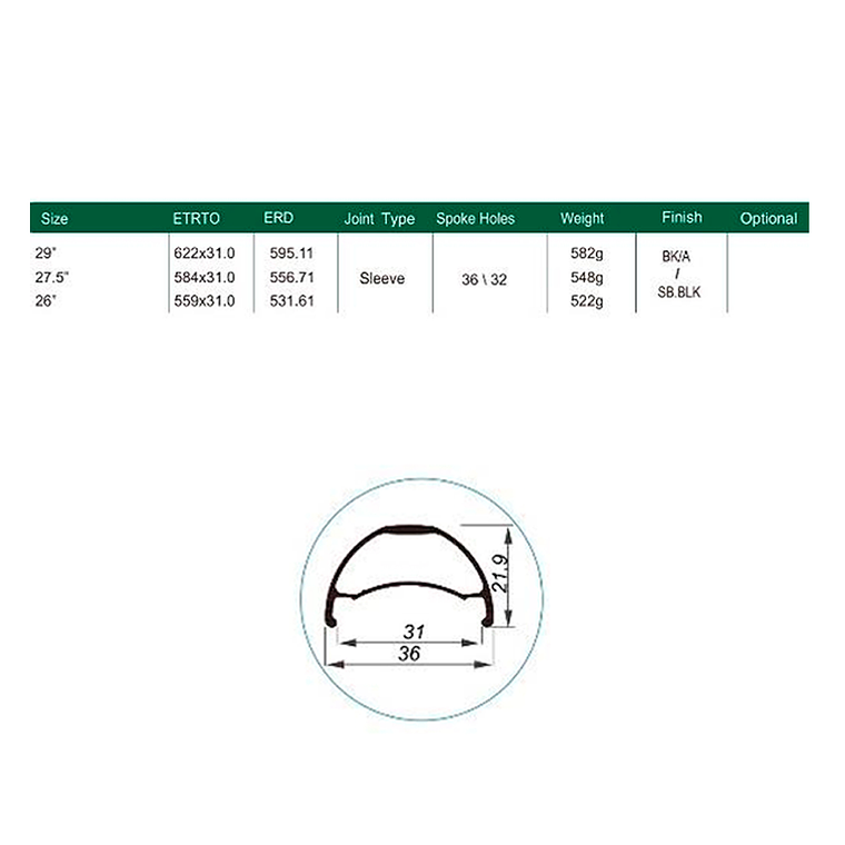 LLANTA WEINMANN 29er U36 OS TL 32h Fv 2
