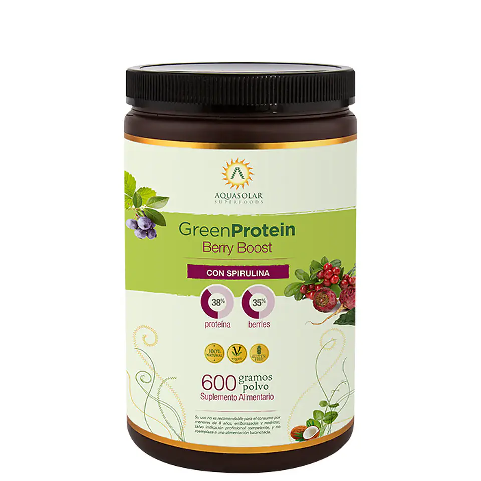 AQUASOLAR GREEN PROTEIN BERRY BOOST CON SPIRULINA POLVO x 600 GRAMOS 1