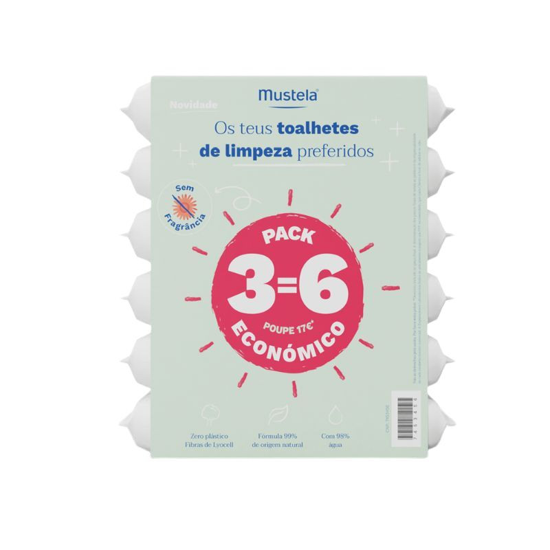 Mustela Bebé Toalhetes de Limpeza Sem Perfume Pack 6