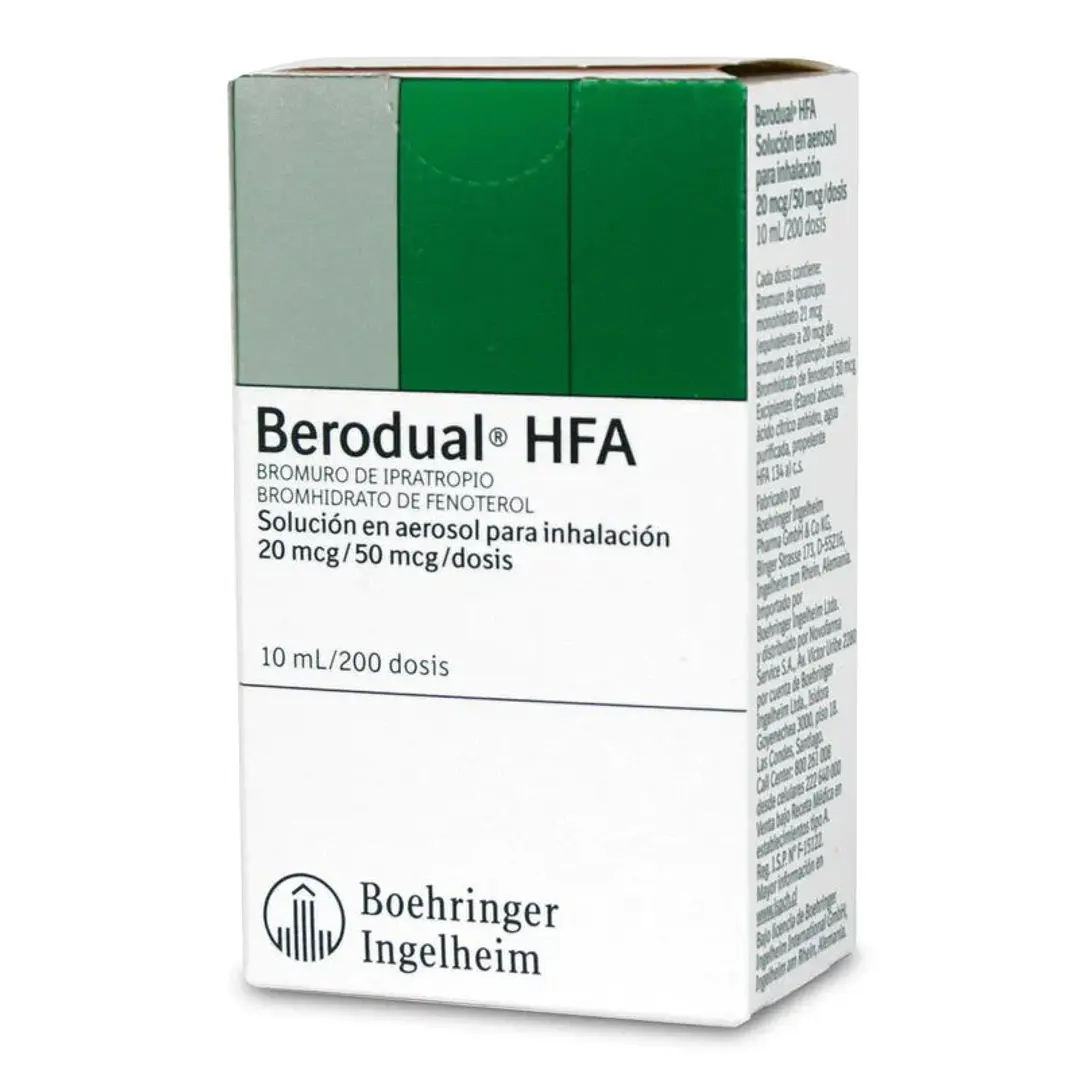 Berodual HFA 20 mcg/50 mcg/dosis Bromuro de Ipratropio/Bromhidrato de Fenoterol Solución en aerosol para inhalación x 200 dosis 1