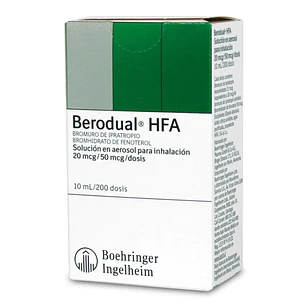 Berodual HFA 20 mcg/50 mcg/dosis Bromuro de Ipratropio/Bromhidrato de Fenoterol Solución en aerosol para inhalación x 200 dosis
