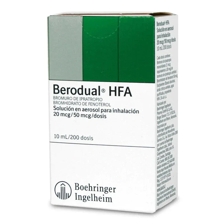 Berodual HFA 20 mcg/50 mcg/dosis Bromuro de Ipratropio/Bromhidrato de Fenoterol Solución en aerosol para inhalación x 200 dosis 1