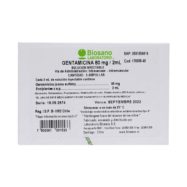 Gentamicina 80 mg/2 ml x  5 Ampollas 