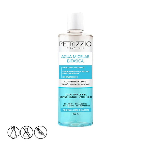 Petrizzio Agua Micelar Bifasica Rostro-Cuello-Labios-Ojos T/Tipo de Piel 400ml 
