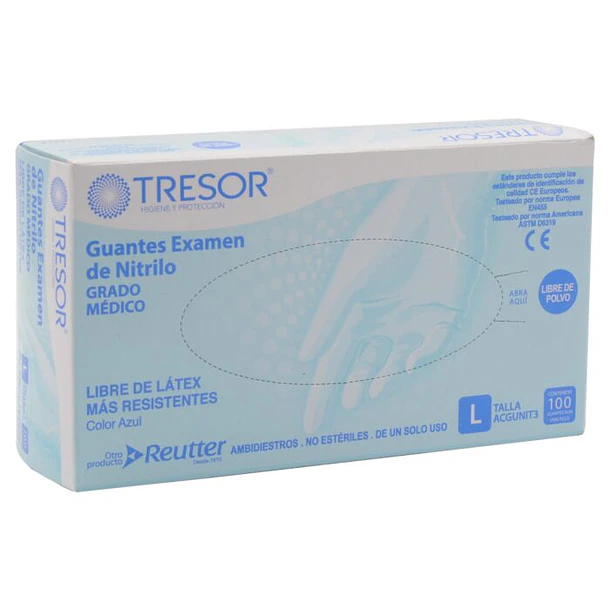 Guante Examen Nitrilo L/P Azul Tresor L x 100 Und 