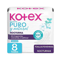 Kotex Toalla Nocturna Puro y Natural C/Alas x 8 Unidades