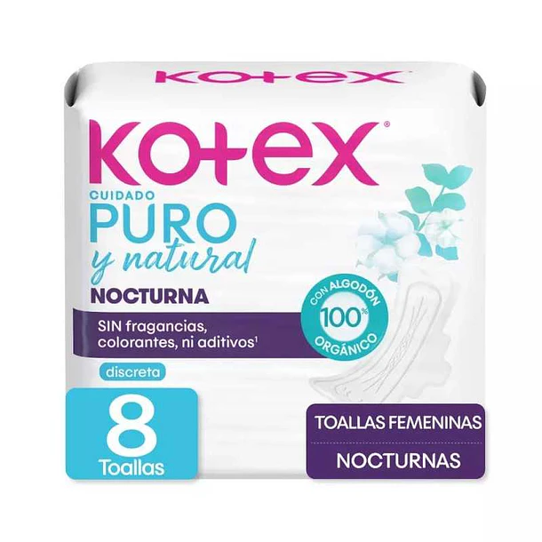 Kotex Toalla Nocturna Puro y Natural C/Alas x 8 Unidades 