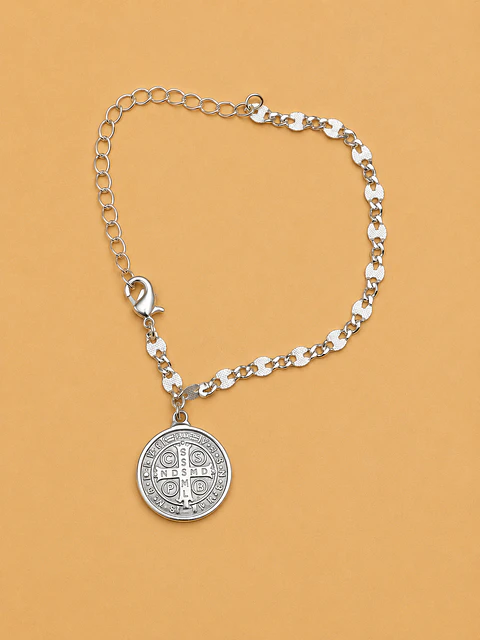 Pulseira Prateada Medalha de São Bento