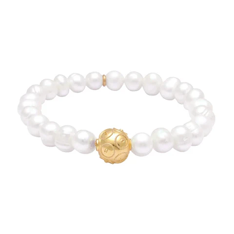Pulseira Conta de Viana em Prata Dourada com Pérolas