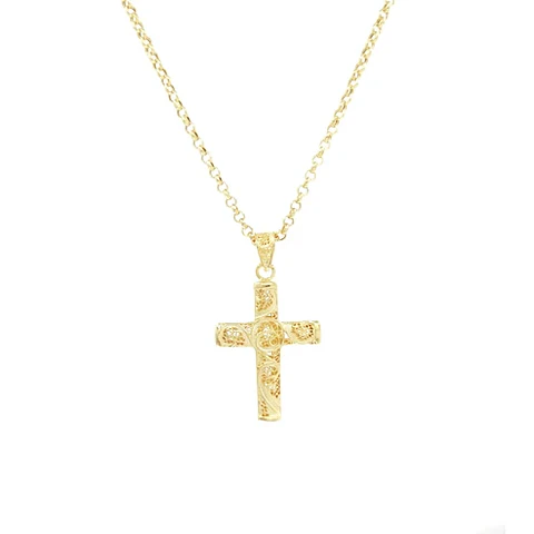 Colar Cruz de Filigrana em Prata Dourada 925