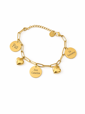 Pulseira Heart Personalizada com Medalhas e Corações – Aço Inoxidável