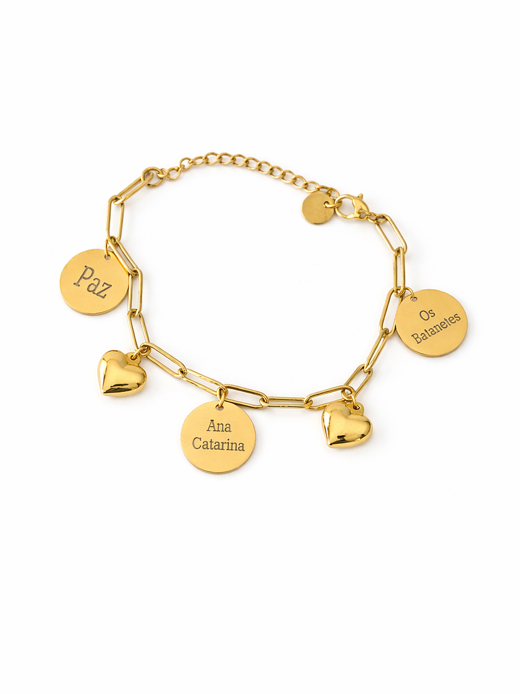 Pulseira Heart Personalizada com Medalhas e Corações – Aço Inoxidável 1