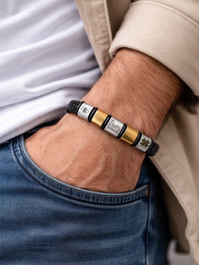 Pulseira Block em Couro com Blocos Personalizáveis – Aço Inoxidável 4