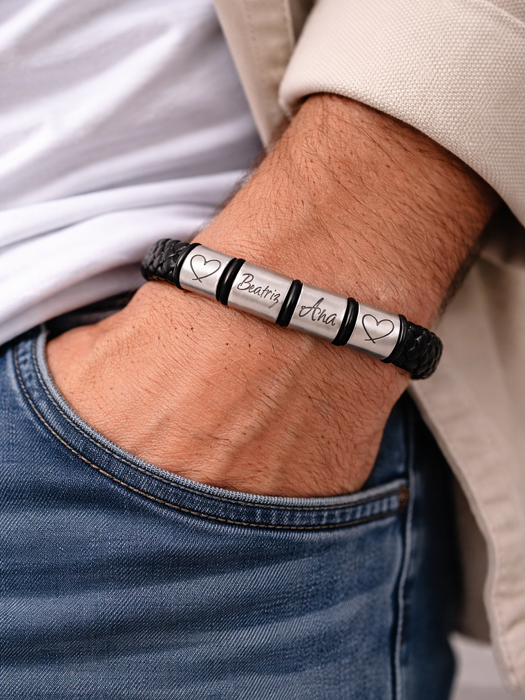 Pulseira Block em Couro com Blocos Personalizáveis – Aço Inoxidável 5