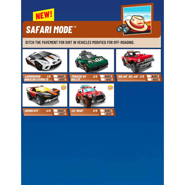 Hot Wheels basiques 2025 - Safari Mode - Factory Sealed Edition