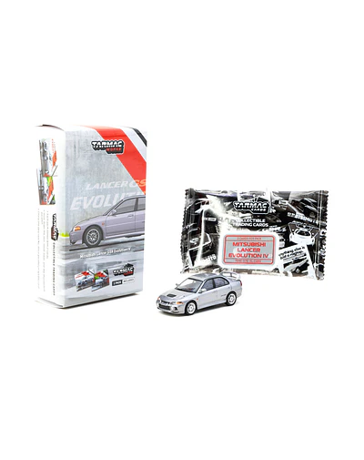 T64G-076-SL - Tarmac Works - Mitsubishi Lancer GSR Evolution IV Argent avec Tarmac Cards