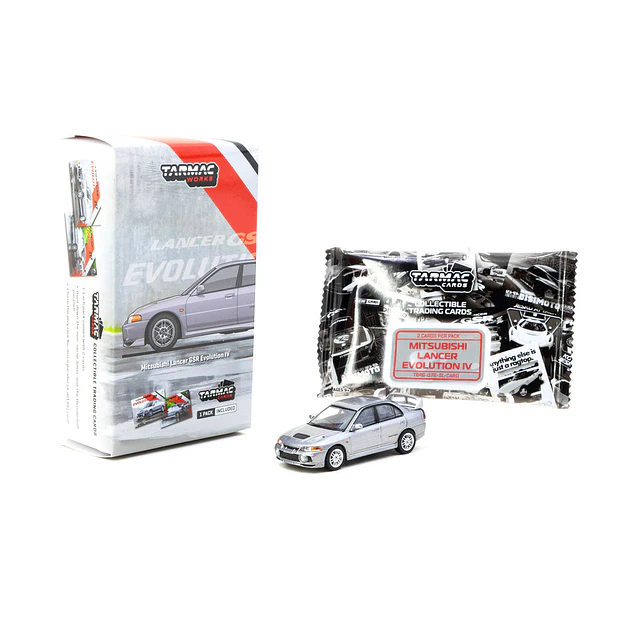 T64G-076-SL - Tarmac Works - Mitsubishi Lancer GSR Evolution IV Argent avec Tarmac Cards