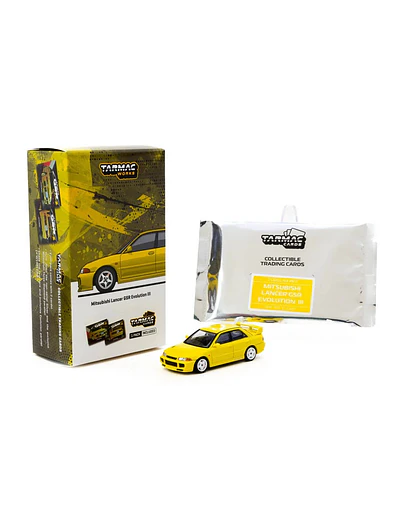 T64G-050-YL - Tarmac Works - Mitsubishi Lancer GSR Evolution III Yellow with Tarmac Cards